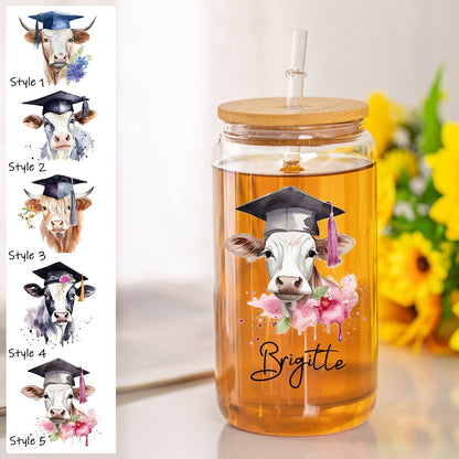 Custom Name Highland Cow Glass Cup, 12/16/20oz Tumbler with Straw & Bamboo Lid, Coffee Tea Mug, Graduation Gift, Gift for Graduate/Cow Lover/Family