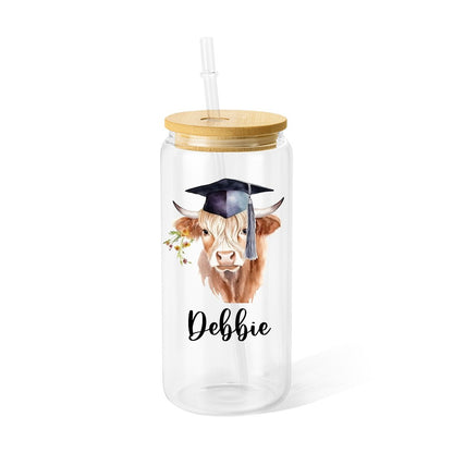 Custom Name Highland Cow Glass Cup, 12/16/20oz Tumbler with Straw & Bamboo Lid, Coffee Tea Mug, Graduation Gift, Gift for Graduate/Cow Lover/Family