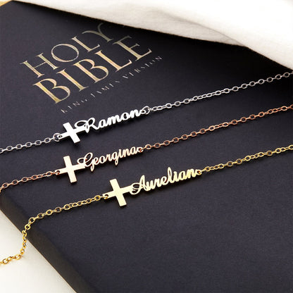 Custom Cross Name Bracelet, Sterling Silver 925 Handwriting Name Jewelry, Christening/First Communion Gift, Birthday/Mother's Day Gift for Her/Mom