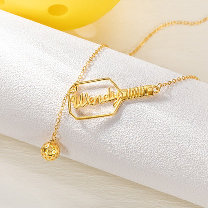 Personalized Name Pickleball Lariat Paddle & Ball Necklace, Sterling Silver 925 Sports Jewelry, Gift for Pickleball Lovers/Family/Friends