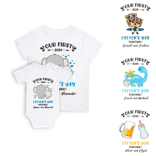 Custom Our First Father's Day Parent-Child Clothing Matching Shirts, Elephant Bear Cotton Daddy T-Shirt & Baby Bodysuit Set, Gift for New Dad/Newborn