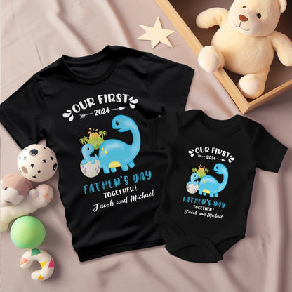 Custom Our First Father's Day Parent-Child Clothing Matching Shirts, Elephant Bear Cotton Daddy T-Shirt & Baby Bodysuit Set, Gift for New Dad/Newborn