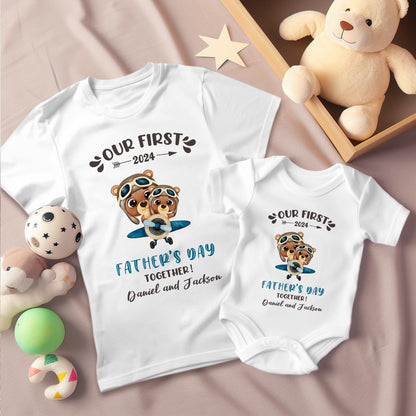 Custom Our First Father's Day Parent-Child Clothing Matching Shirts, Elephant Bear Cotton Daddy T-Shirt & Baby Bodysuit Set, Gift for New Dad/Newborn