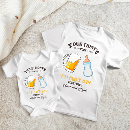 Custom Our First Father's Day Parent-Child Clothing Matching Shirts, Elephant Bear Cotton Daddy T-Shirt & Baby Bodysuit Set, Gift for New Dad/Newborn