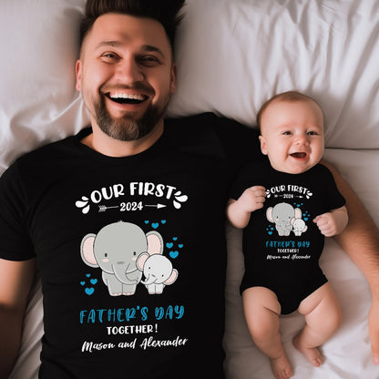 Custom Our First Father's Day Parent-Child Clothing Matching Shirts, Elephant Bear Cotton Daddy T-Shirt & Baby Bodysuit Set, Gift for New Dad/Newborn