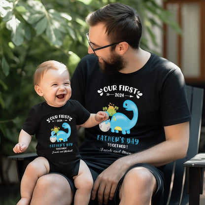 Custom Our First Father's Day Parent-Child Clothing Matching Shirts, Elephant Bear Cotton Daddy T-Shirt & Baby Bodysuit Set, Gift for New Dad/Newborn