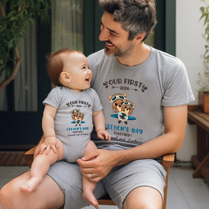 Custom Our First Father's Day Parent-Child Clothing Matching Shirts, Elephant Bear Cotton Daddy T-Shirt & Baby Bodysuit Set, Gift for New Dad/Newborn