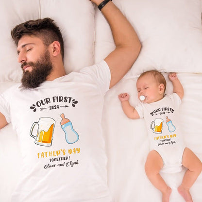 Custom Our First Father's Day Parent-Child Clothing Matching Shirts, Elephant Bear Cotton Daddy T-Shirt & Baby Bodysuit Set, Gift for New Dad/Newborn
