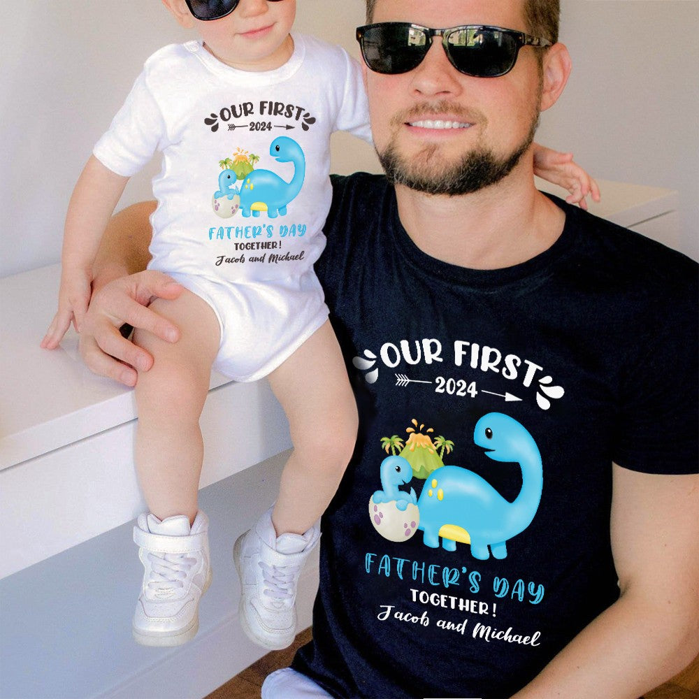Custom Our First Father's Day Parent-Child Clothing Matching Shirts, Elephant Bear Cotton Daddy T-Shirt & Baby Bodysuit Set, Gift for New Dad/Newborn