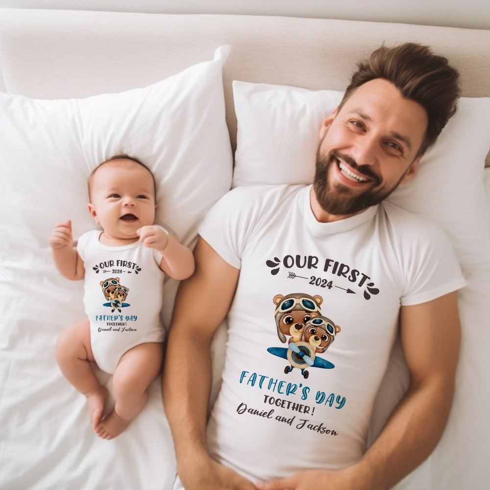 Custom Our First Father's Day Parent-Child Clothing Matching Shirts, Elephant Bear Cotton Daddy T-Shirt & Baby Bodysuit Set, Gift for New Dad/Newborn