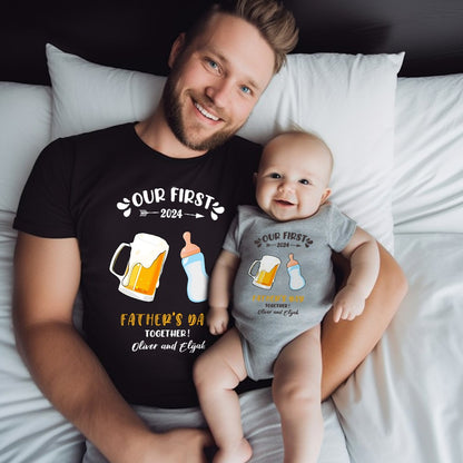 Custom Our First Father's Day Parent-Child Clothing Matching Shirts, Elephant Bear Cotton Daddy T-Shirt & Baby Bodysuit Set, Gift for New Dad/Newborn