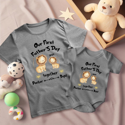 Custom Our First Father's Day Parent-Child Clothing Matching Shirts, Fox Bear Lion Cotton Daddy T-Shirt & Baby Bodysuit Set, Gift for New Dad/Newborn