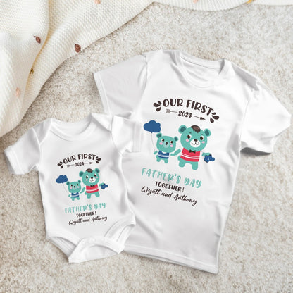 Custom Our First Father's Day Parent-Child Clothing Matching Shirts, Fox Bear Lion Cotton Daddy T-Shirt & Baby Bodysuit Set, Gift for New Dad/Newborn