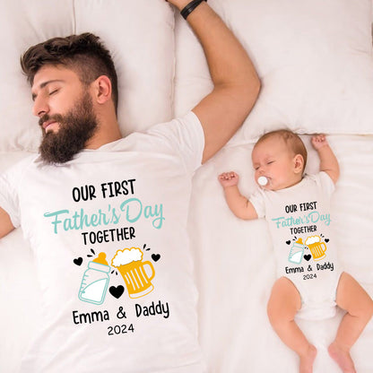 Personalized Beer & Bottle Matching Shirts, Our First Father's Day Together Shirt, Cotton Bodysuit, Father and Baby Shirt, Father's Day Gift for Dad