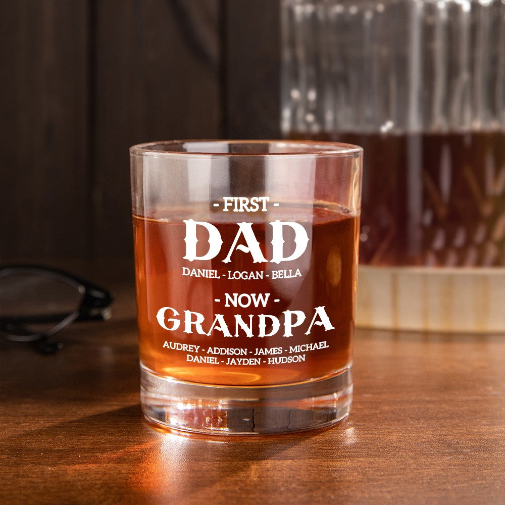 Personalized First Dad Now Grandpa Whiskey Glass, Custom Kid Name Engraved Classic Clear Glass, Alcohol Gift, Father's Day Gift for Dad/Grandpa/Men