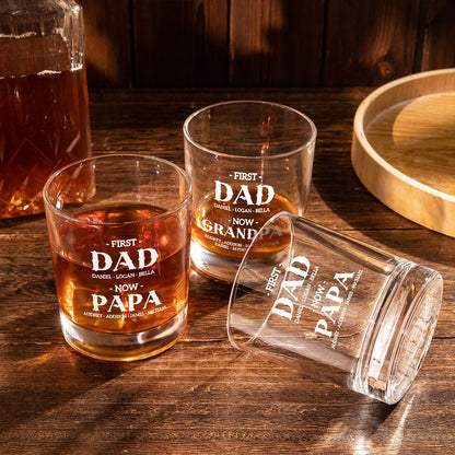 Personalized First Dad Now Grandpa Whiskey Glass, Custom Kid Name Engraved Classic Clear Glass, Alcohol Gift, Father's Day Gift for Dad/Grandpa/Men