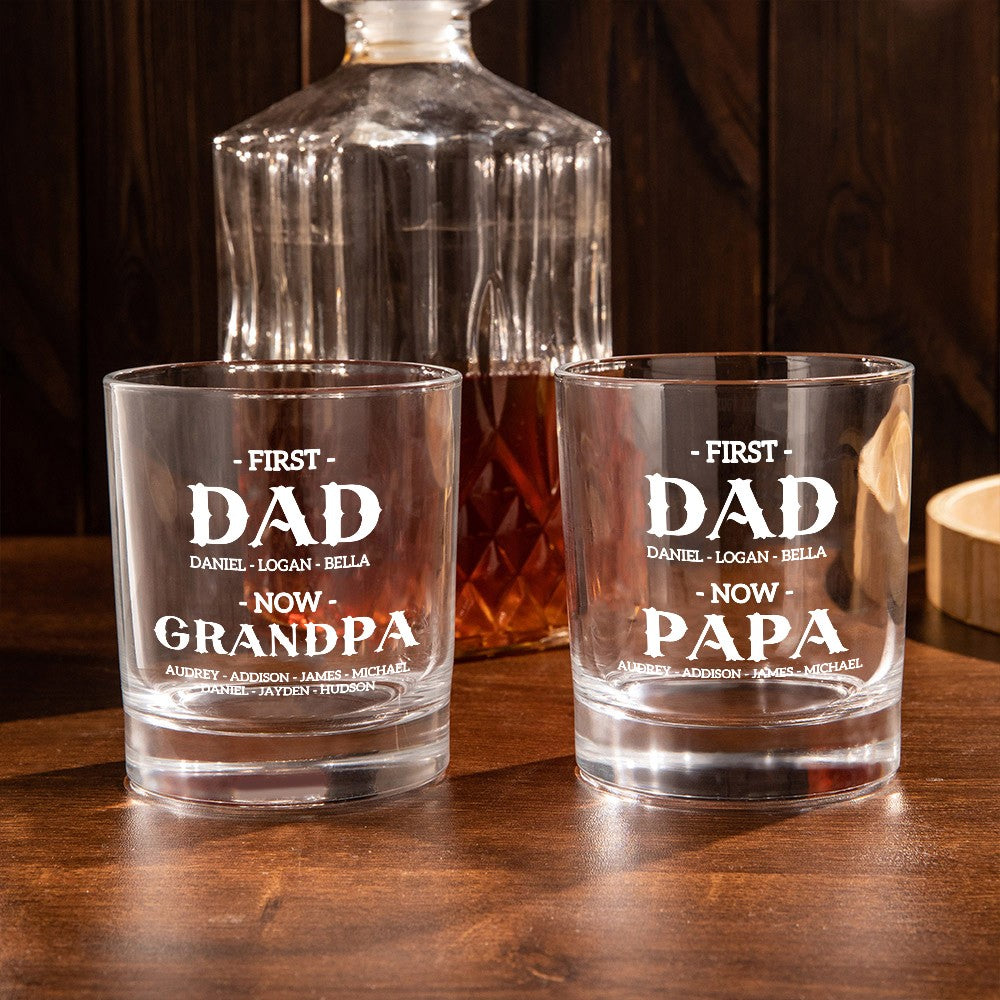 Personalized First Dad Now Grandpa Whiskey Glass, Custom Kid Name Engraved Classic Clear Glass, Alcohol Gift, Father's Day Gift for Dad/Grandpa/Men