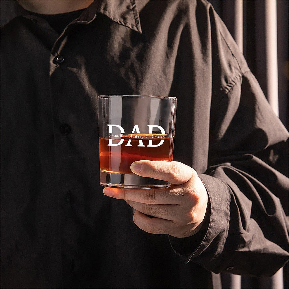 Custom Father's Whiskey Glass with Kid Name, Personalized 10oz Clear Bourbon Glass, Alcohol Gift for Drinker, Father's Day Gift for Dad/Grandpa/Son