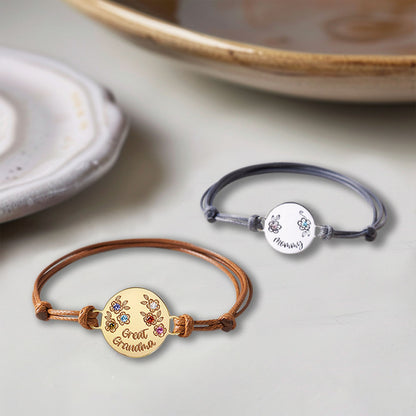 Personalized Birthstone Flower Charm Leather Rope Bracelet, Birthstone Bracelet, Women's Jewelry, Birthday/Mother's Day Gift for Mom/Grandma/Her