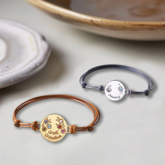 Personalized Birthstone Flower Charm Leather Rope Bracelet, Birthstone Bracelet, Women's Jewelry, Birthday/Mother's Day Gift for Mom/Grandma/Her