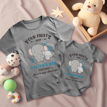 Custom Our First Father's Day Parent-Child Clothing Matching Shirts, Elephant Bear Cotton Daddy T-Shirt & Baby Bodysuit Set, Gift for New Dad/Newborn