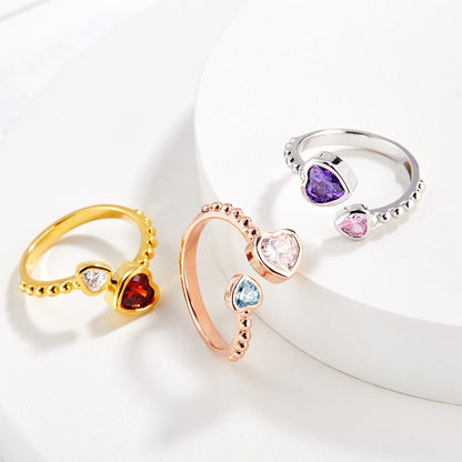 Custom Double Heart Birthstone Ring, Sterling Silver Ring, Love Memorial Ring, Family Jewelry, Birthday/Christmas Gift, Gift for Grandmom/Mom/Daughter