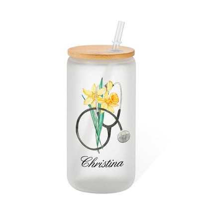 Personalized Birth Flower Stethoscope Tumbler, 20oz Name Tumbler with Straw & Bamboo Lid, Nurse Graduation Gift Cup, Gift for Doctor/Medical Staff