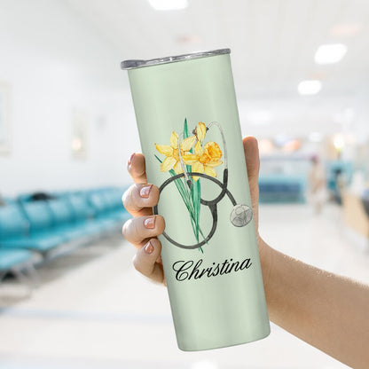 Personalized Watercolor Birth Flower Stethoscope Tumbler, Custom Name 20oz Portable Travel Cup, Nurse Graduation Gift, Gift for Doctor/Medical Staff