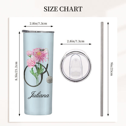 Personalized Watercolor Birth Flower Stethoscope Tumbler, Custom Name 20oz Portable Travel Cup, Nurse Graduation Gift, Gift for Doctor/Medical Staff