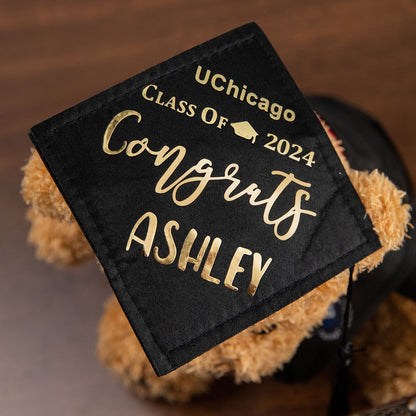 Custom Name Graduation Teddy Bear with School Badge, Plush Teddy Bear with Mortarboard, Graduation Gifts for Friends/Students/Kindergarten