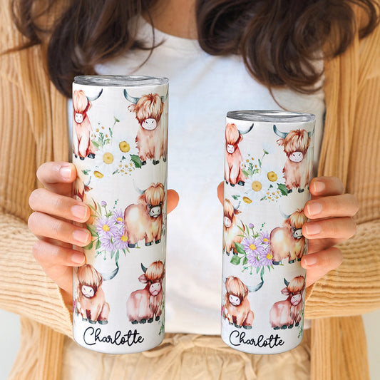 Personalized Floral Highland Cow Tumbler, 20oz/30oz Stainless Steel Mug with Straw, Highland Cow Drink Cup, Birthday/Christmas Gift for Cow Lovers