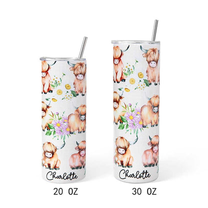 Personalized Floral Highland Cow Tumbler, 20oz/30oz Stainless Steel Mug with Straw, Highland Cow Drink Cup, Birthday/Christmas Gift for Cow Lovers