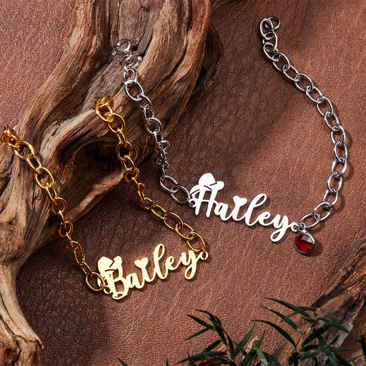 Custom Name Western Cowboy Hat Bracelet with Birthstone, Sterling Silver 925 Heart Jewelry, Birthday/Christmas/Anniversary Gift for Cowboy/Cowgirl