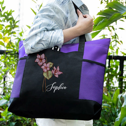 Personalized Name Birth Flower Tote Bag, Large Capacity Canvas Tote Bag with Mesh Pocket, Women's Shopping Bag, Birthday/Mother's Day Gift for Her/Mom