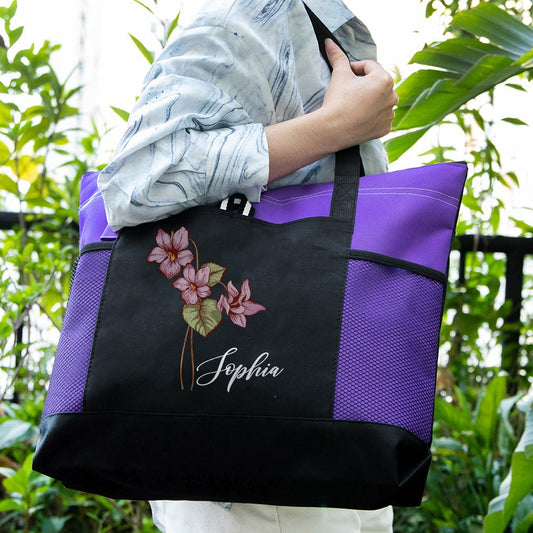 Personalized Name Birth Flower Tote Bag, Large Capacity Canvas Tote Bag with Mesh Pocket, Women's Shopping Bag, Birthday/Mother's Day Gift for Her/Mom