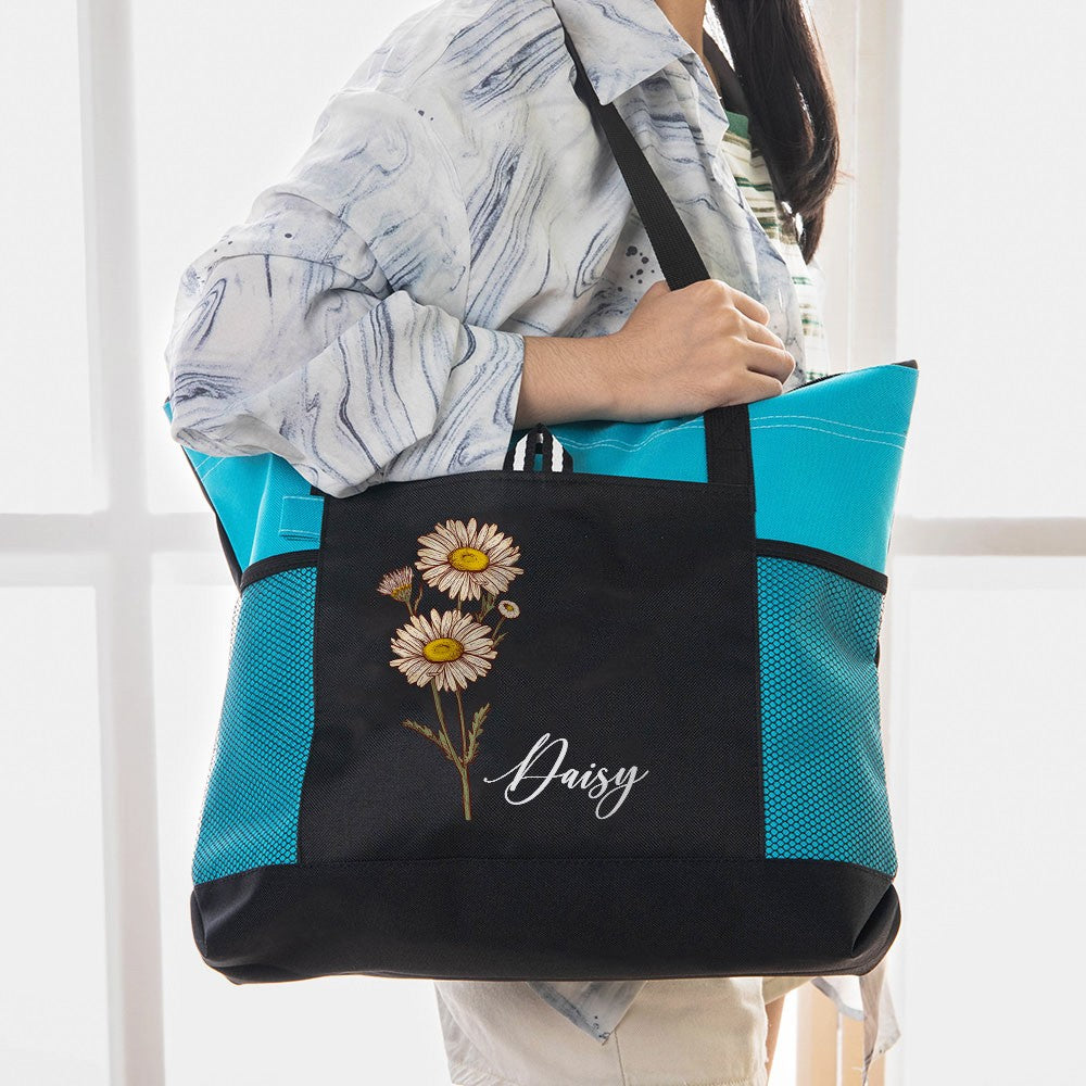 Personalized Name Birth Flower Tote Bag, Large Capacity Canvas Tote Bag with Mesh Pocket, Women's Shopping Bag, Birthday/Mother's Day Gift for Her/Mom