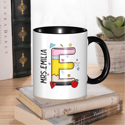 Personalized Name Teacher Mug, 11oz Ceramic Mug, Apple Pencil Notebook Design Teacher's Cup, Teacher's Day/Appreciation/Christmas Gift for Teachers