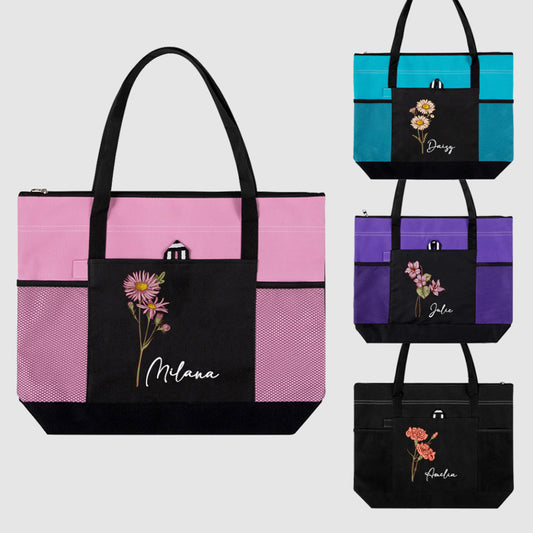 Personalized Name Birth Flower Tote Bag, Large Capacity Canvas Tote Bag with Mesh Pocket, Women's Shopping Bag, Birthday/Mother's Day Gift for Her/Mom