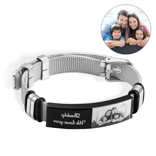 Personalized Photo and Engraved Text Stainless Steel Bracelet, Adjustable Men Bracelet, Father's Day Gift for Dad/Grandpa/Husband