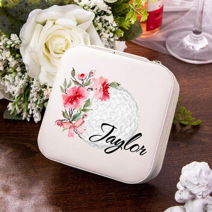 Personalized Name Birth Flower Golf Jewelry Box, Leather Travel Jewelry Case, Bachelorette Party Favor, Wedding/Birthday Gift for Golf Lover/Women/Her