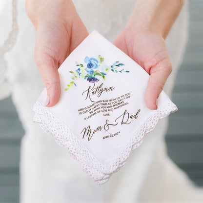 Personalized Floral Wedding Handkerchief, Daughter Wedding Gift from Mom, Something Blue Gift for Bride on Wedding Day, Gift for Daughter/Bride/Her
