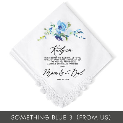 Personalized Floral Wedding Handkerchief, Daughter Wedding Gift from Mom, Something Blue Gift for Bride on Wedding Day, Gift for Daughter/Bride/Her