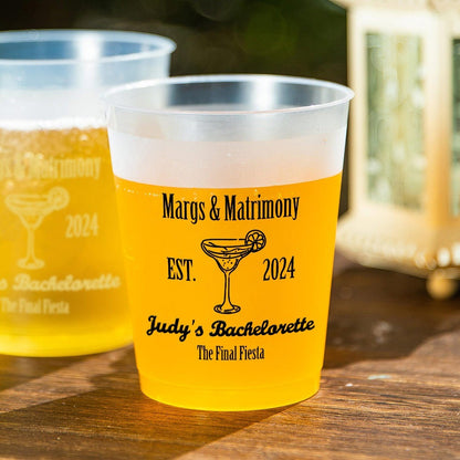 Custom Margs and Matrimony Drinking Cups, Set of 10 Bridal Plastic Disposable Cups with Text, Bachelorette Party Favors, Wedding Gifts for Bridesmaids