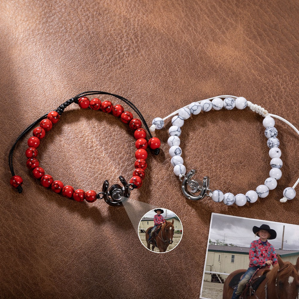 Personalized Photo Projection Bead Bracelet, Lucky Horseshoe Bracelet, Minimalist Jewelry, Birthday/Anniversary Gift for Horse Lover/Couple/Family