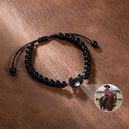 Personalized Photo Projection Bead Bracelet, Lucky Horseshoe Bracelet, Minimalist Jewelry, Birthday/Anniversary Gift for Horse Lover/Couple/Family
