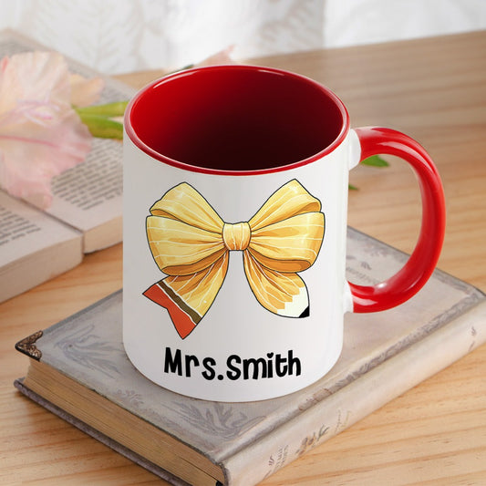 Personalized Coquette Bow Mug with Teacher's Name, Teacher Pencil Bow Knot 11oz Ceramic Mug, Teacher'sDay/Appreciation/Christmas Gift for Teachers