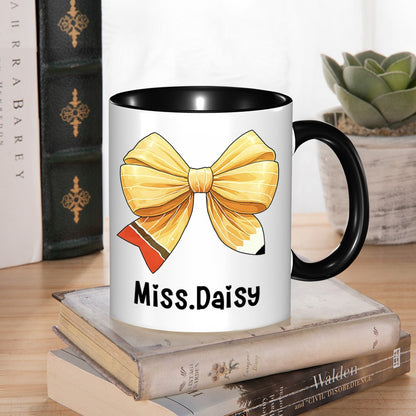 Personalized Coquette Bow Mug with Teacher's Name, Teacher Pencil Bow Knot 11oz Ceramic Mug, Teacher'sDay/Appreciation/Christmas Gift for Teachers