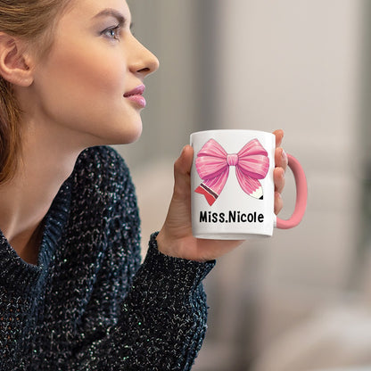 Personalized Coquette Bow Mug with Teacher's Name, Teacher Pencil Bow Knot 11oz Ceramic Mug, Teacher'sDay/Appreciation/Christmas Gift for Teachers