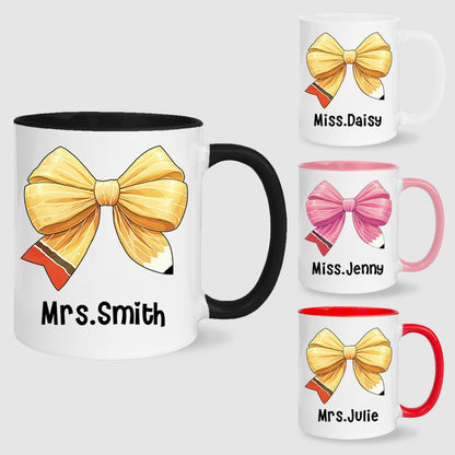 Personalized Coquette Bow Mug with Teacher's Name, Teacher Pencil Bow Knot 11oz Ceramic Mug, Teacher'sDay/Appreciation/Christmas Gift for Teachers