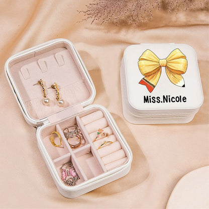 Custom Coquette Bow Teacher Jewelry Box, Pencil Bow Knot Travel Leather Jewelry Case, Back to School/Teacher's Day/Appreciation Gift for Teachers